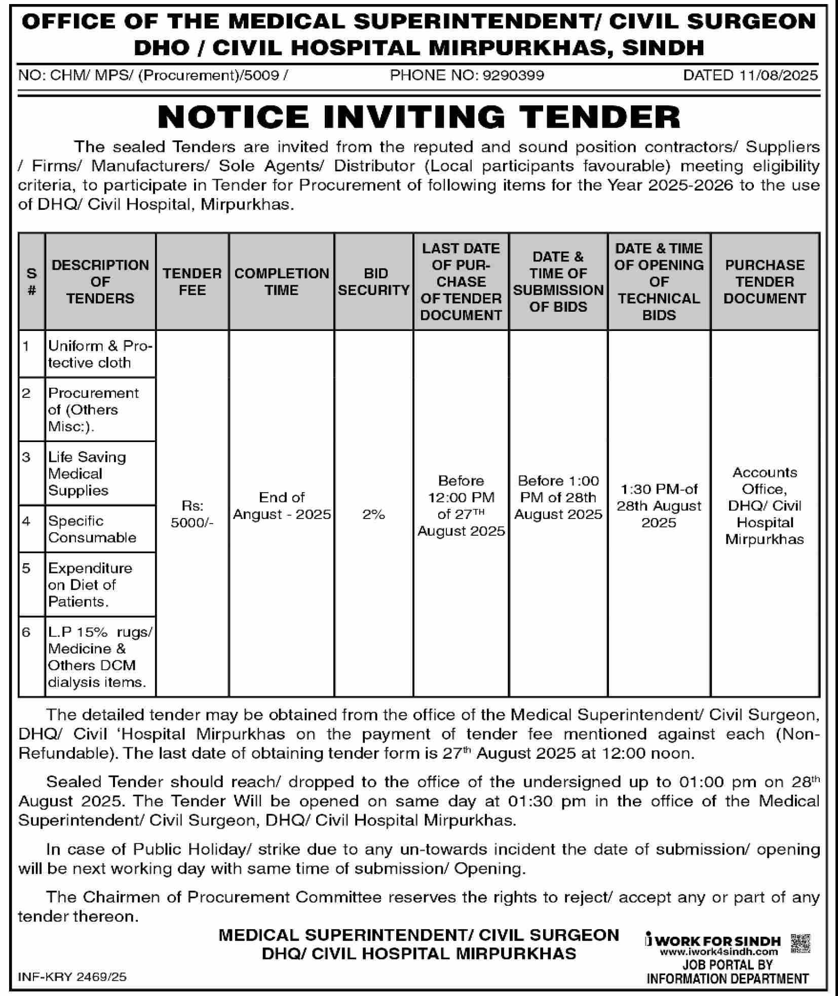 Civil Hospital Mirpurkhas Tender Notice